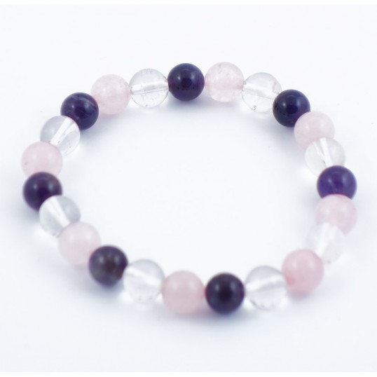 Bracelet perles 8mm - clarté et coeur 3 pierres