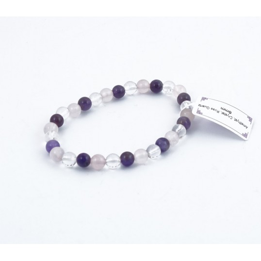 Bracelet perles 6mm - clarté et coeur 3 pierres
