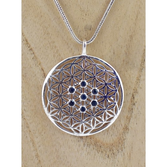 Pendentif - fleur de vie bombée saphirs bleus