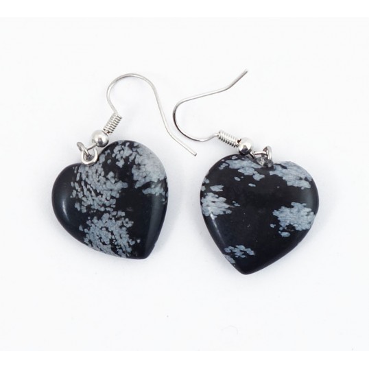 Boucles d'oreille - coeur obsidienne neige