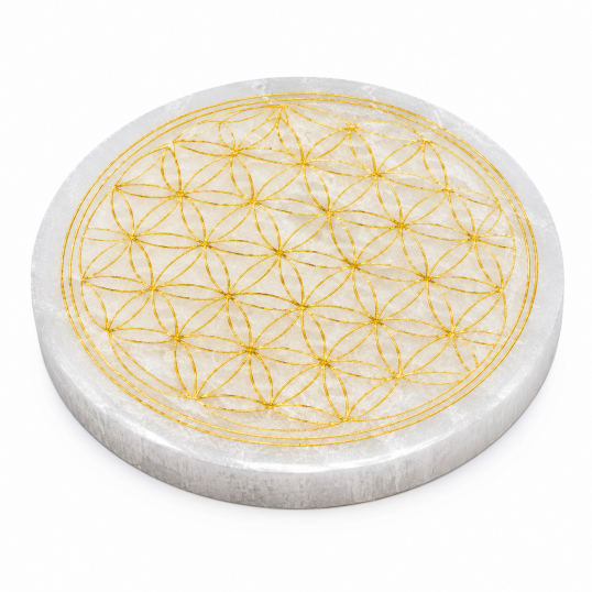 Plaque en S&eacute;l&eacute;nite Fleur de Vie Dor&eacute;e - 10 cm